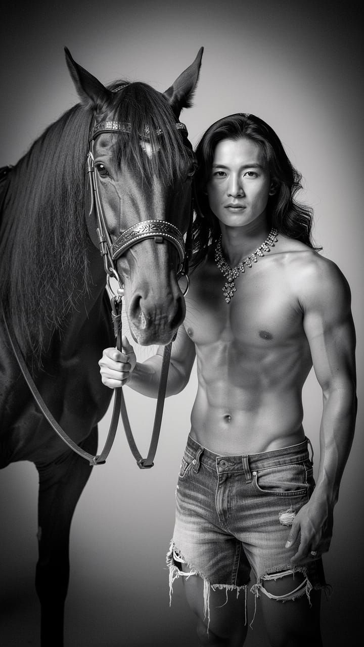 Regal Portrait of Man and Horse in Noir Style