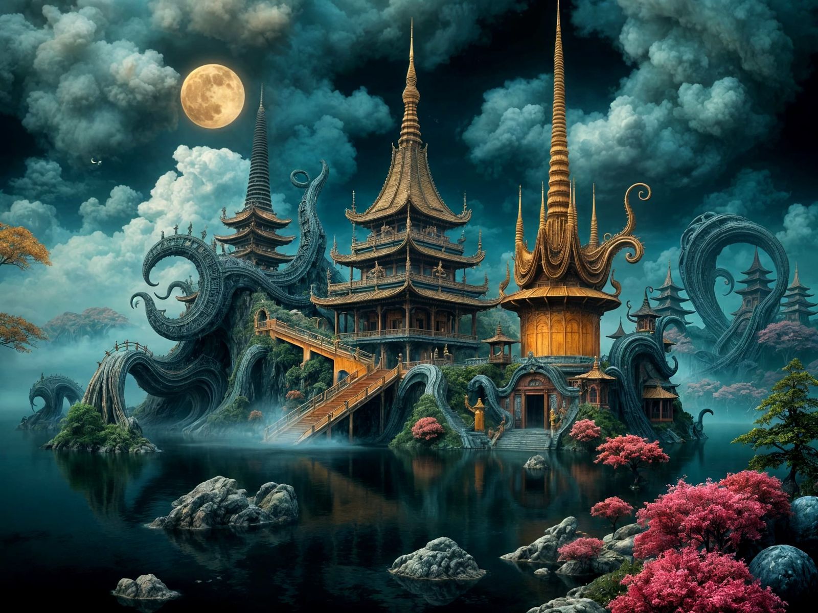 Surreal Buddhist Temple in Misty Japanese Landscape