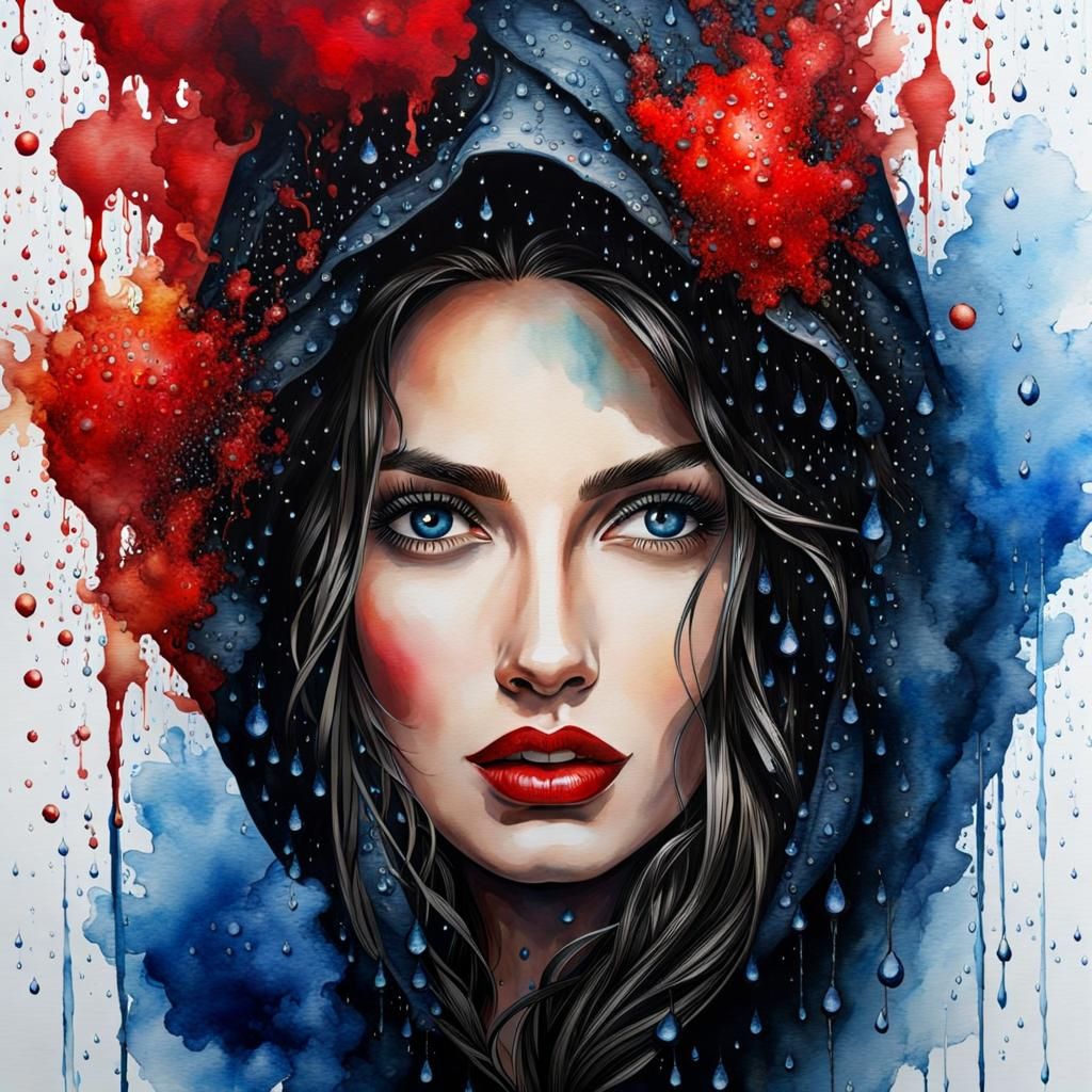 Watercolor Woman with Wet Hair and Smudged Lipstick