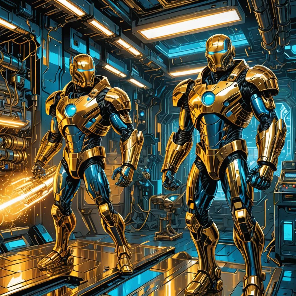 Golden Cannons in a Futuristic Lab: Comic Book Art