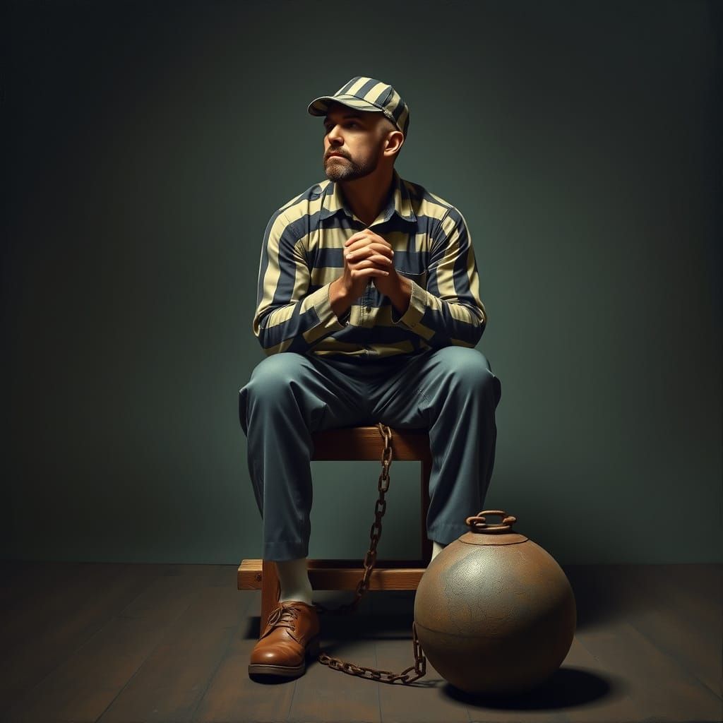 Man in Prisoner Uniform in Dimly Lit Room