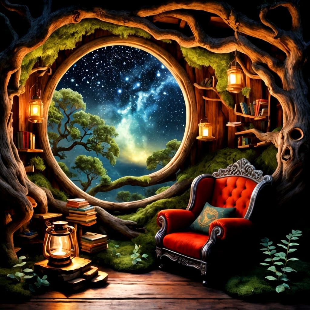 Magical Nighttime Reading Nook in Ancient Tree Trunk