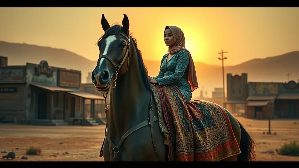 Javanese Woman Rides in Spaghetti Western Landscape