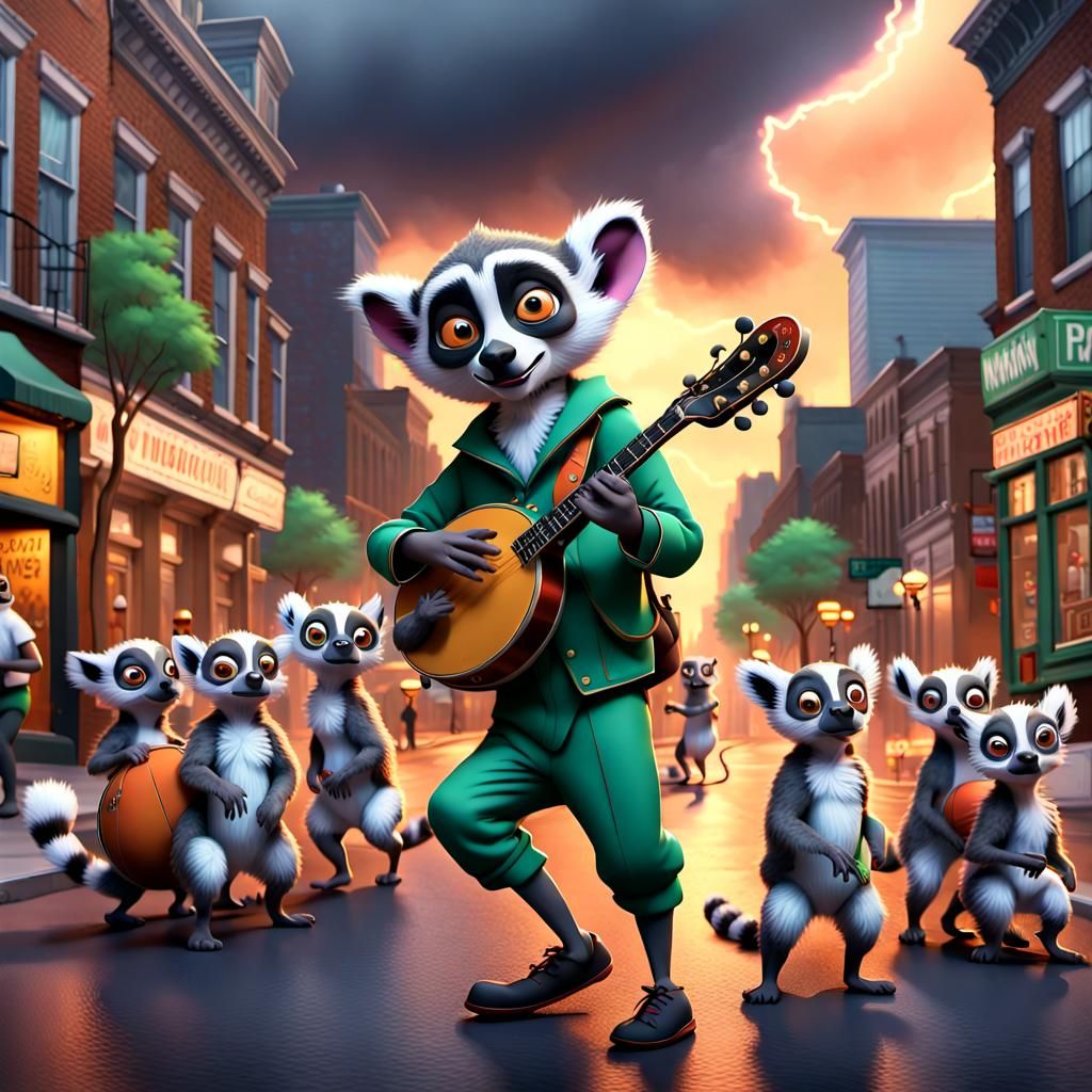 Pied Piper Leads Lemurs in Philadelphia, 3D Digital Art