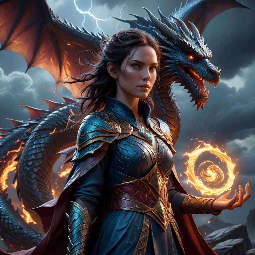 Sorceress Summons Dragon Amidst Prismatic Storm