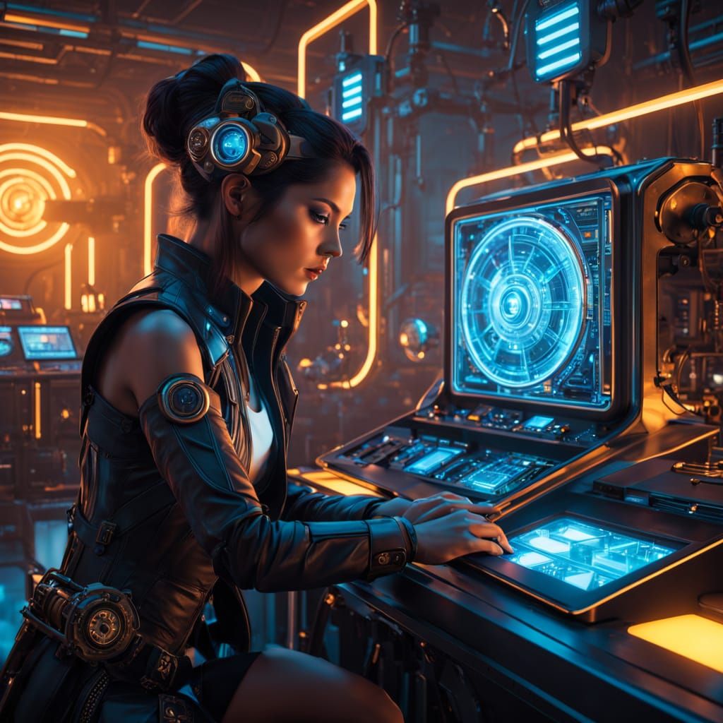 Cyberpunk Female Inventor in Futuristic Lab