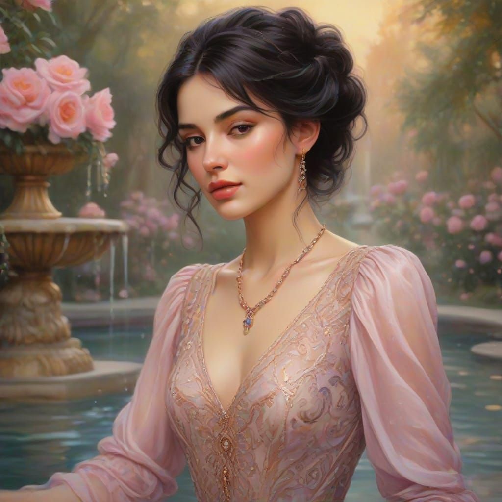 Elegant Woman in Art Nouveau Garden with Rose Gold Accents