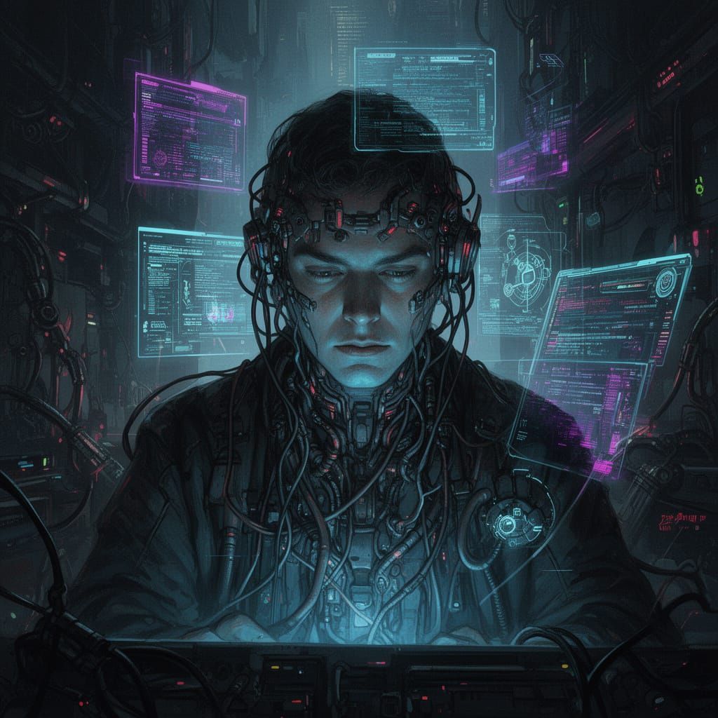 Cyberpunk Hacker Wired Into Futuristic Tech