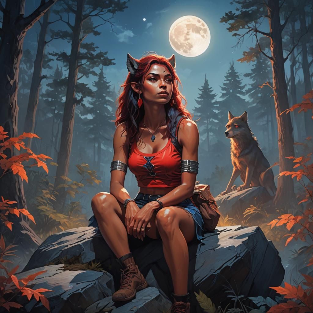Werewolf Girl in Misty Forest: Oil Painting