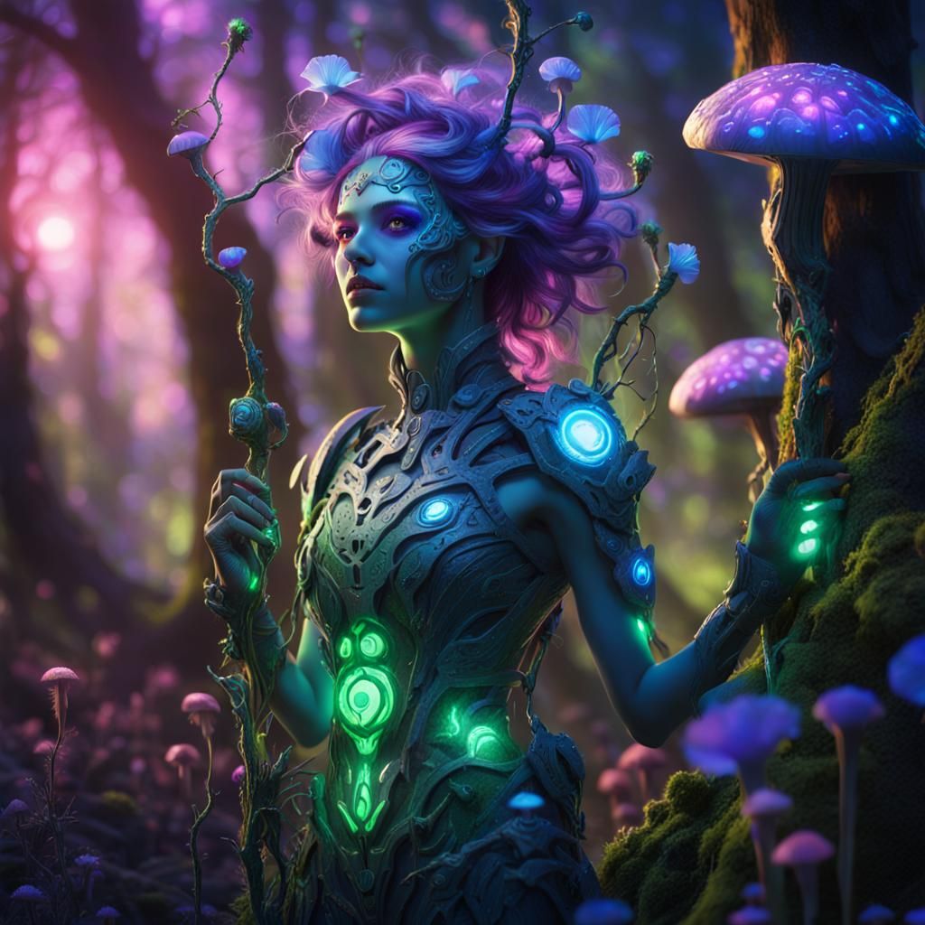 Cyborg Dryad Witch in Ethereal Forest