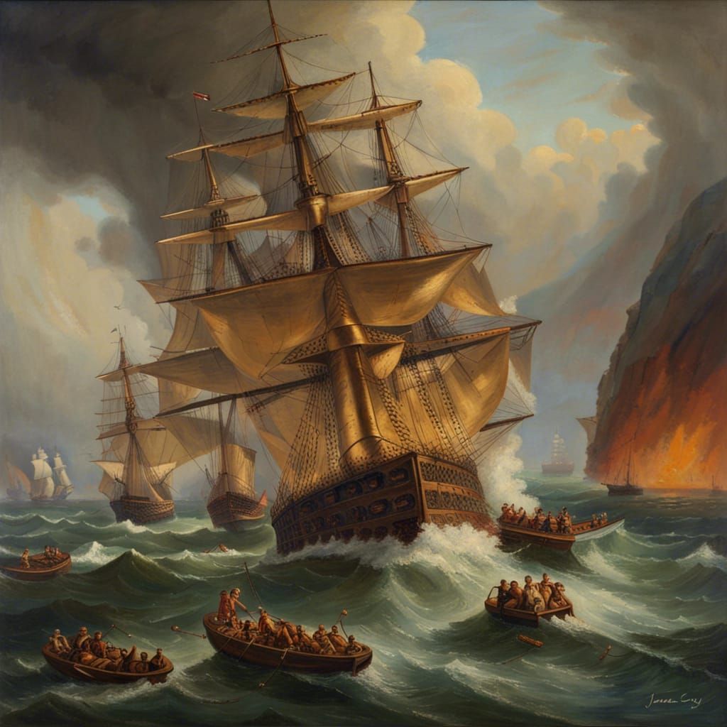 Dramatic Naval Battle as Oil Painting