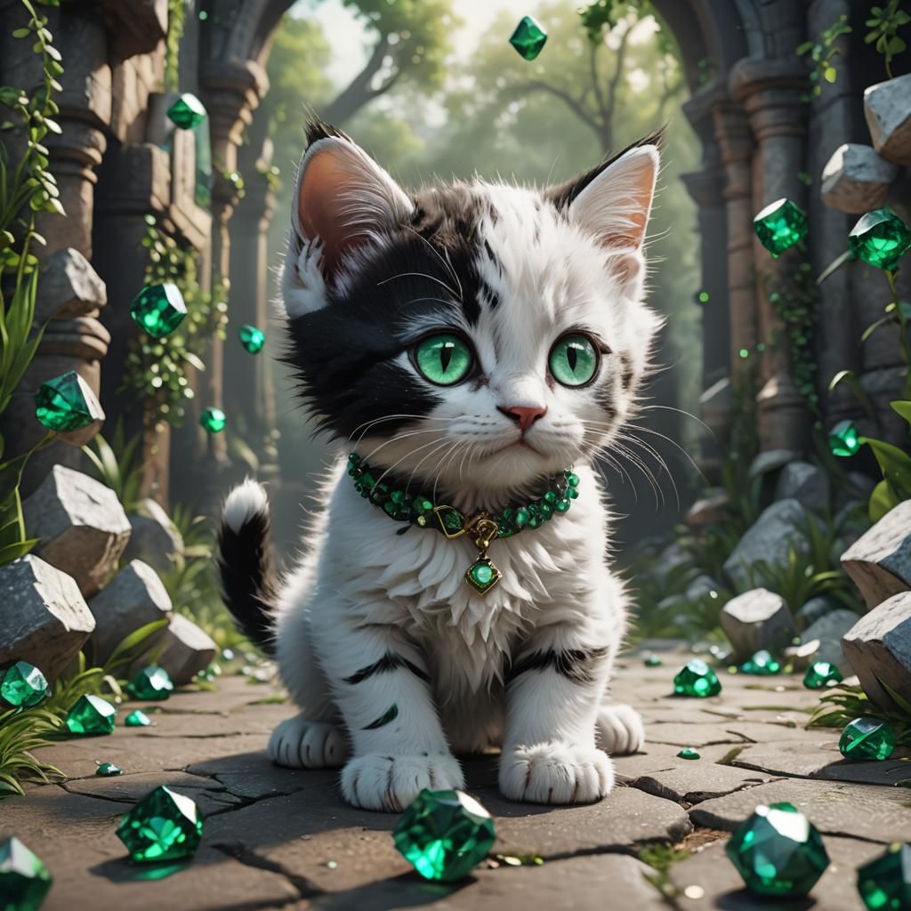 Emerald-Eyed Kitten: Detailed Digital Fantasy Art