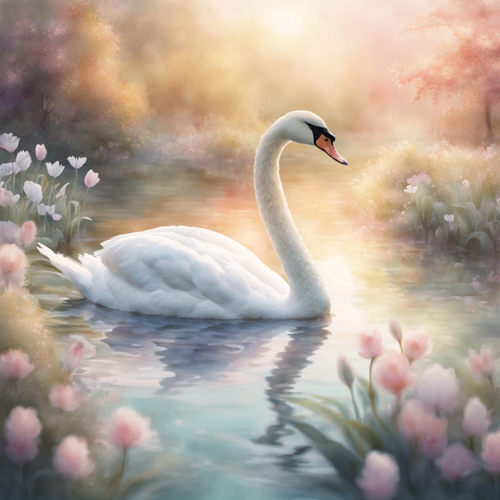 Dreamlike Swan in Garden Watercolor Painting