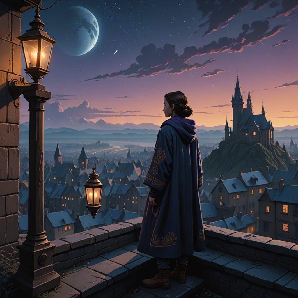Ethereal Medieval Fantasy Protagonist in Starry Night City