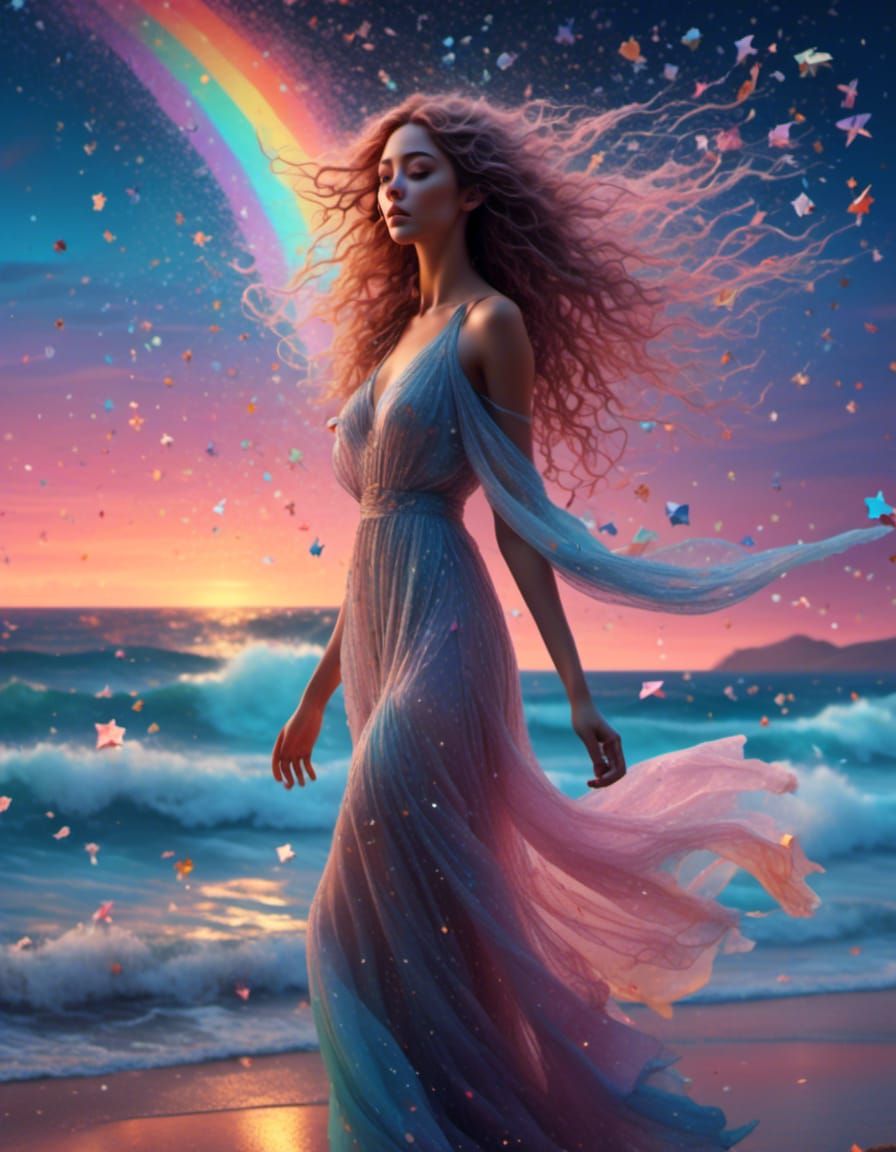 Surreal Woman on Beach at Twilight in Pastel Colors