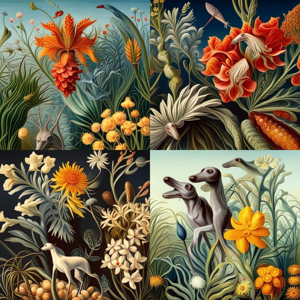 Greyhounds and Flowers in Botanical Art Style