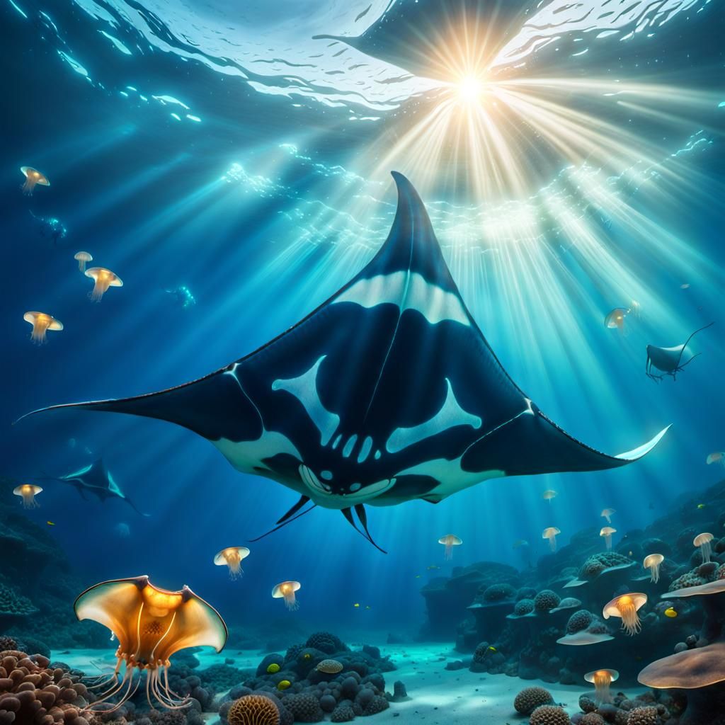 Glowing Manta Ray in Ocean's Depths