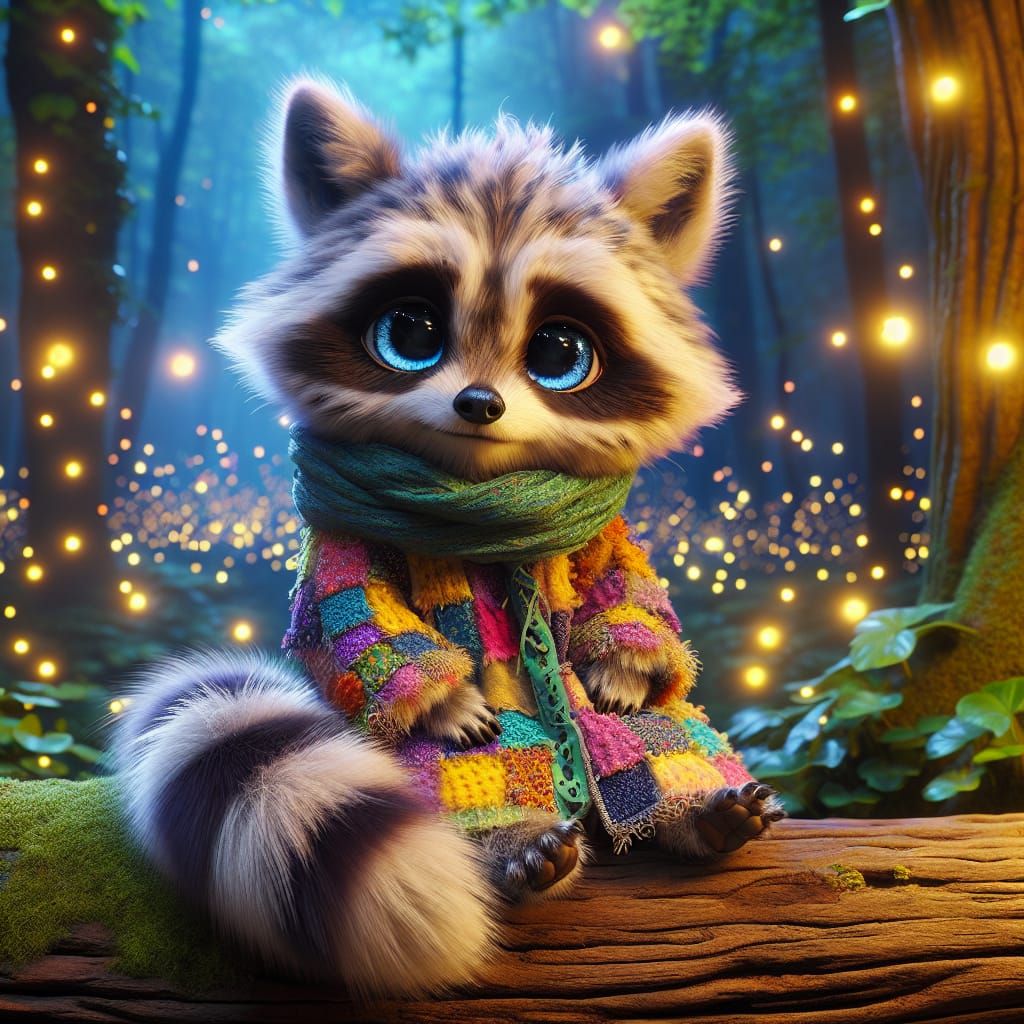 Enchanted Forest Raccoon Creature in Patchwork Coat