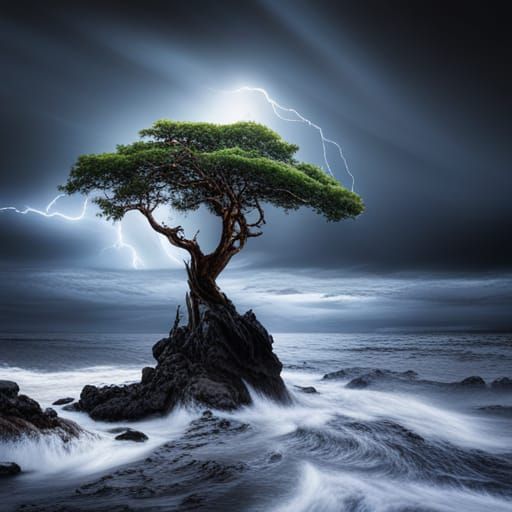 Gnarled Tree in Lightning Storm, Digital Painting