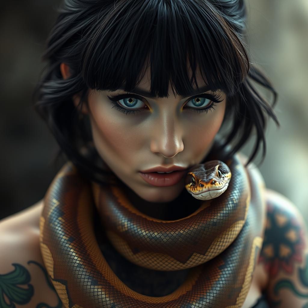 Woman with Boa Constrictor in Digital Art Style