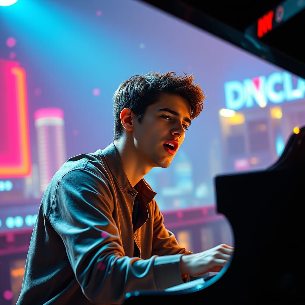 A handsome young man sitting behind a grand piano in a fantastic dreamy place playing the piano and singing a song with ...