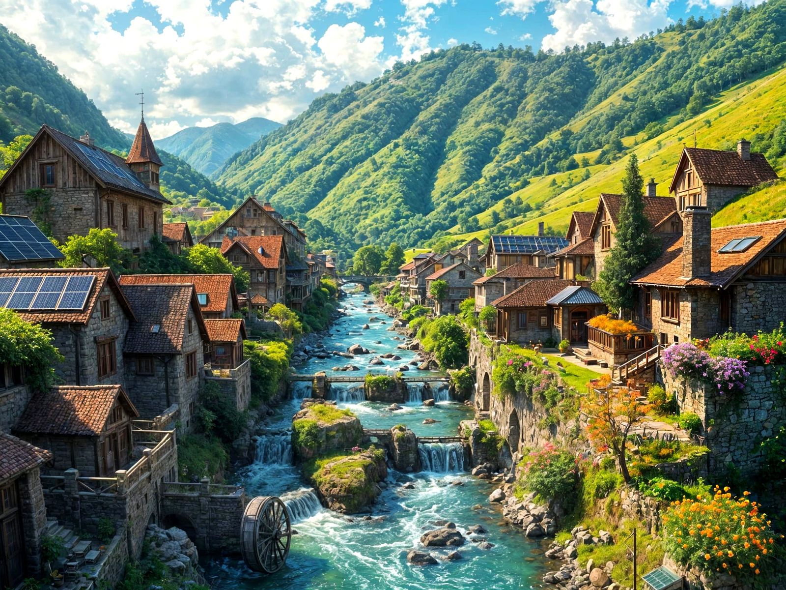 Surreal Solarpunk Village Basks in Lush Valley Oasis