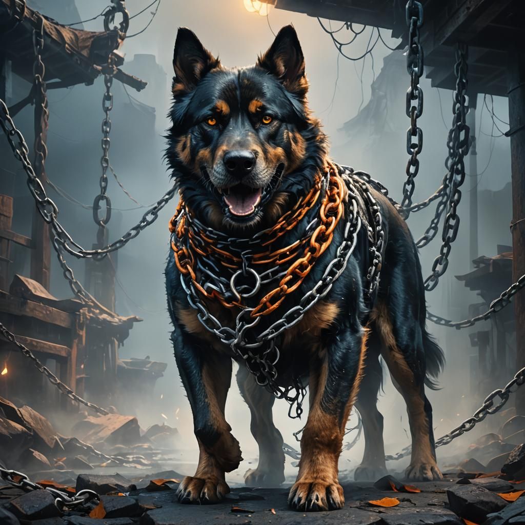 Ferocious Dog with Chain in Dark Fantasy Style