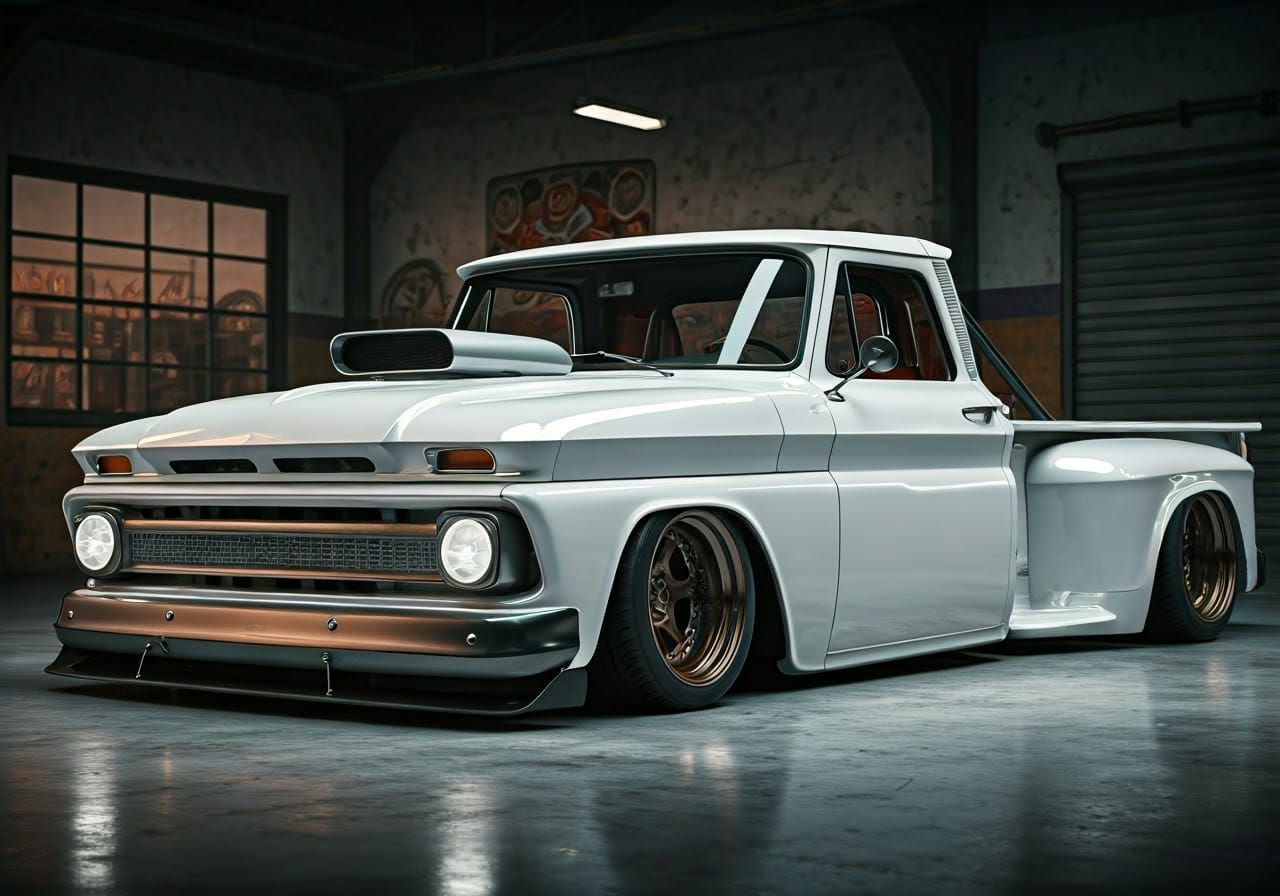 Gritty Modern Hot Rod in Dimly Lit Retro Garage