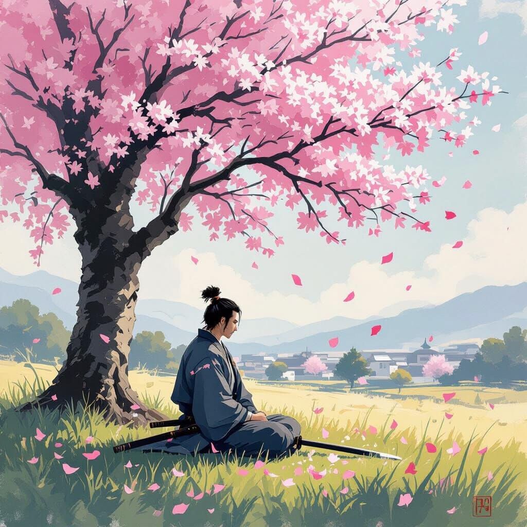 Samurai Meditating Under Sakura Tree in Impressionistic Styl...