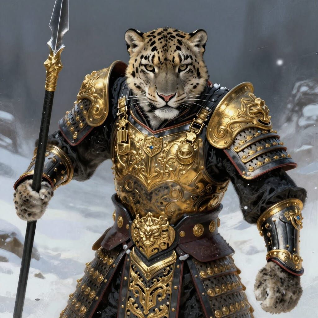 Bipedal Snow Leopard Warrior in Regal Armor