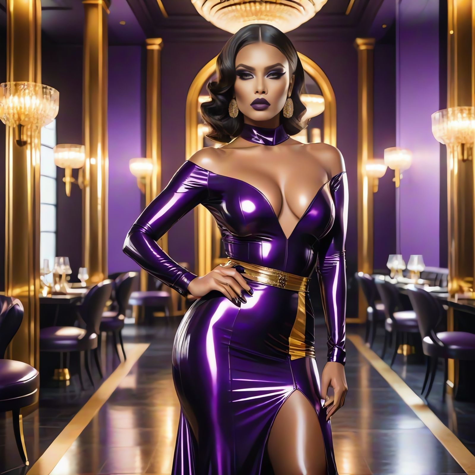 Seductive Latex Queen in Purple and Gold
