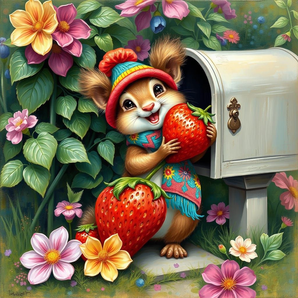 Squirrel and Strawberry: An Impressionist Oil Painting