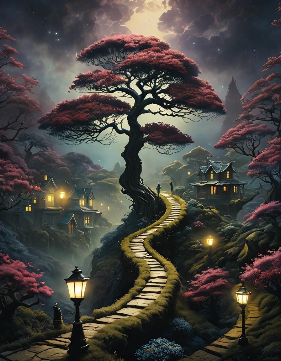 Surreal Dreamscape: Victorian Houses and Glowing Gardens