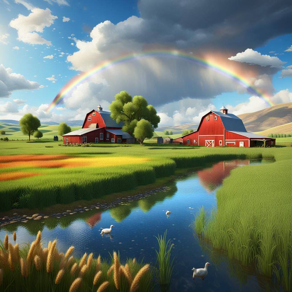 Vibrant Farm Scene with Cows and Rainbow