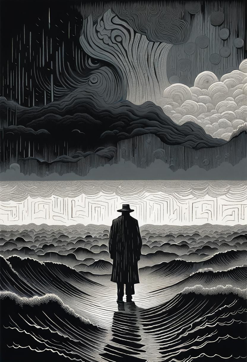 Disturbing Woodcut of Lone Figure in Thunderstorm