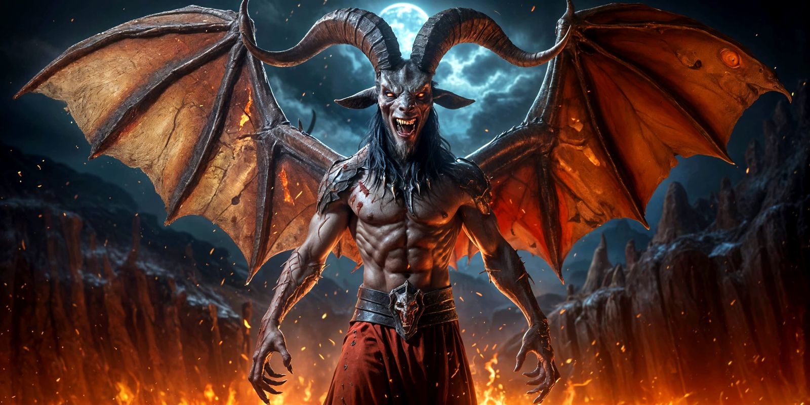 Satan Beckons with Wicked Grin in Hellish Landscape