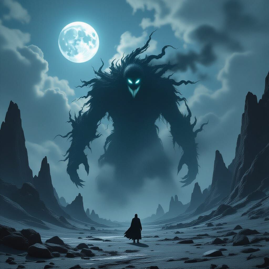 Colossal Shadow Creature Emerges Under Twin Moons