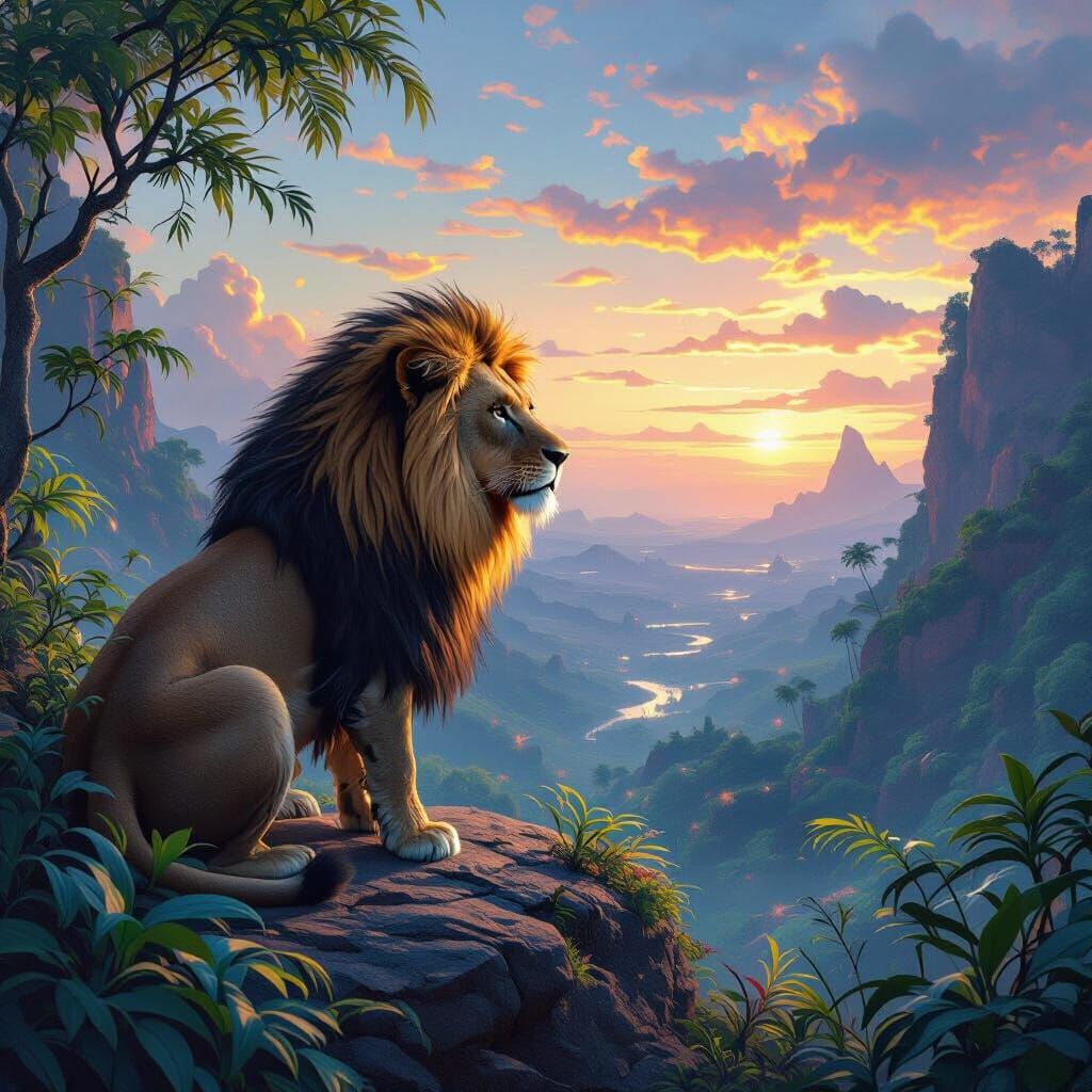 Hyperrealistic Lion on Alien Jungle Overlook