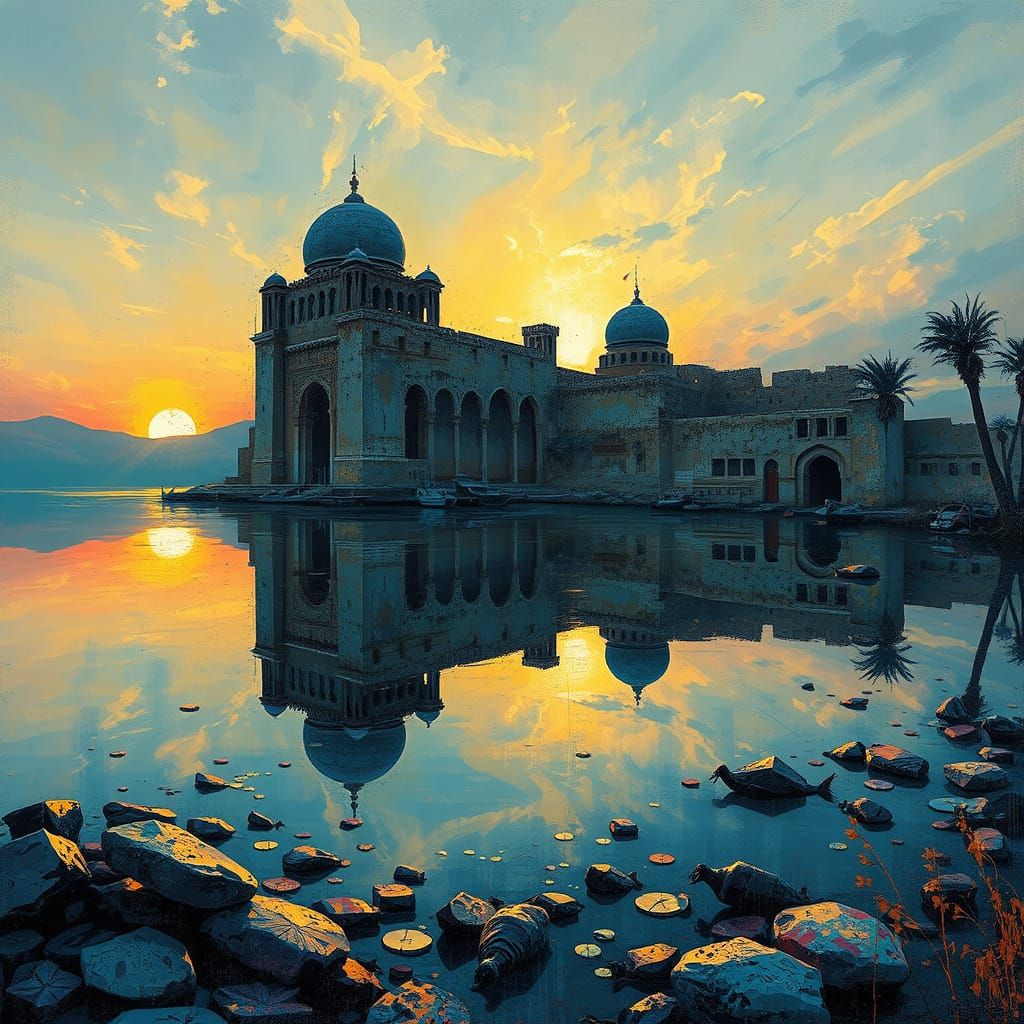 Arabian City Sunset Reflection: Detailed Graffiti Art