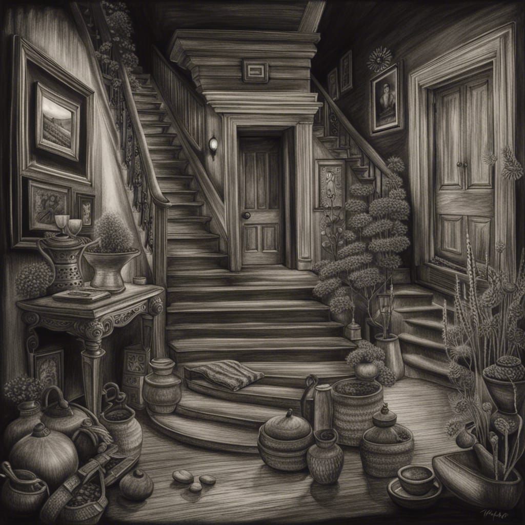 Hyperdetailed Charcoal Drawing of a Welcoming Home