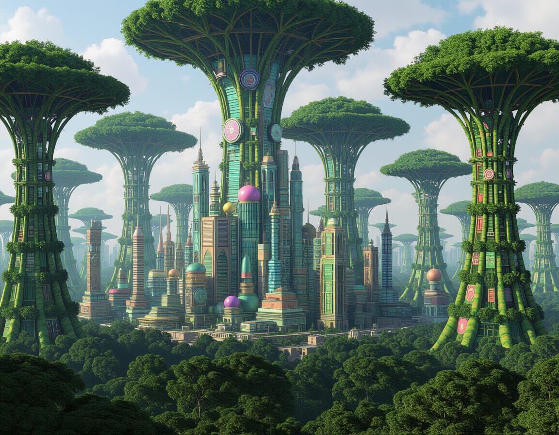 Futuristic Teslapunk Arcology Metropolis in Giant Rainforest