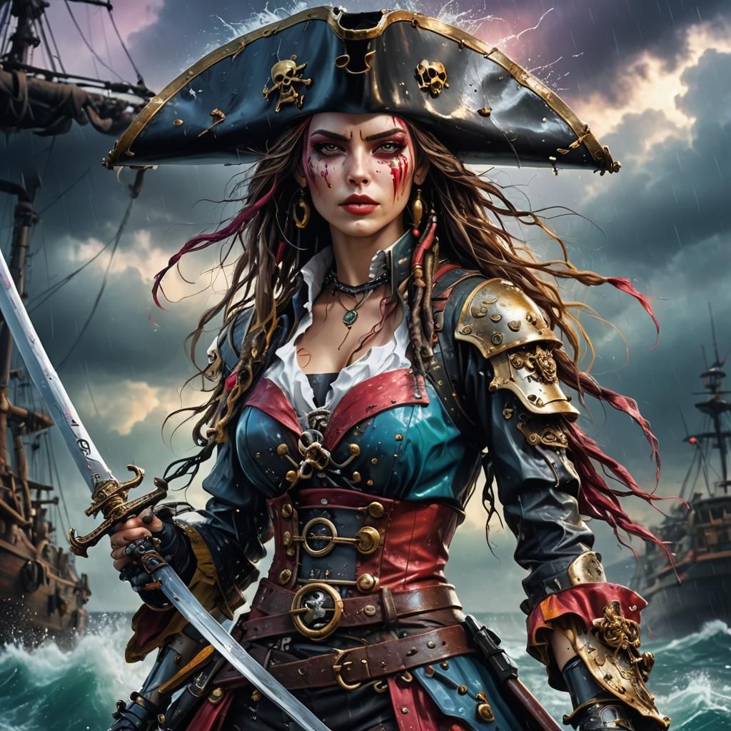 Robotic Pirate Lady Portrait in Hyperrealistic Splash Art