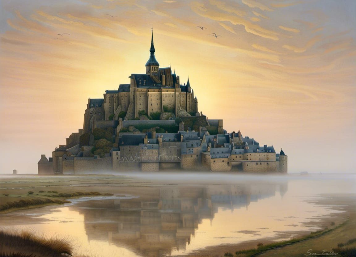 Mont Saint Michel Sunrise: Hyperrealistic Renaissance Landsc...
