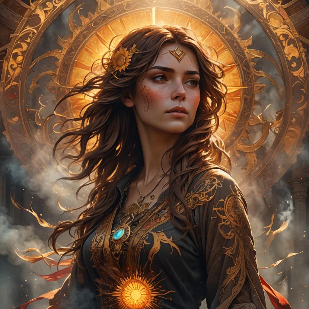 Woman with Sun Tattoo in Dynamic Lighting