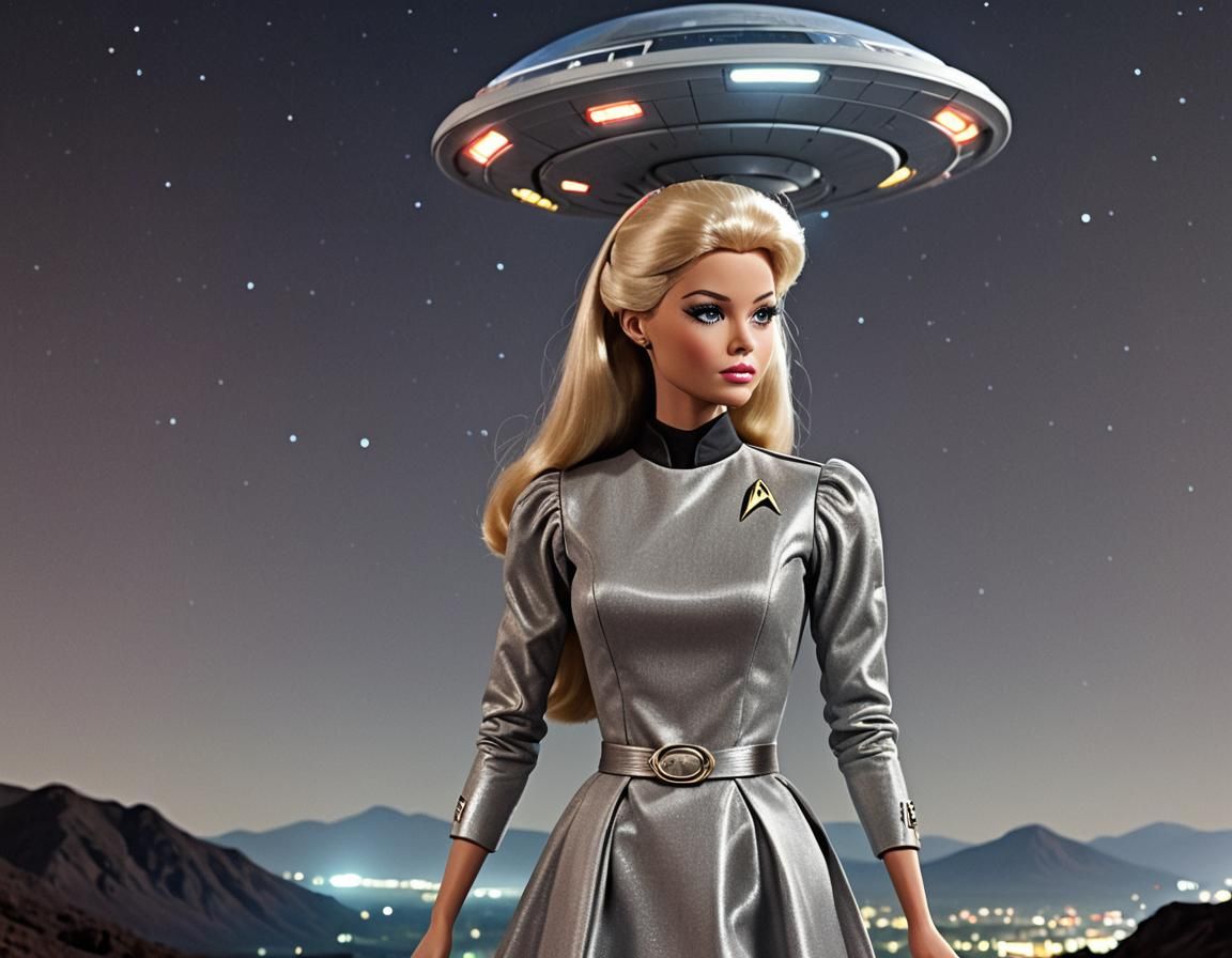 Star Trek Barbie Under a UFO at Night