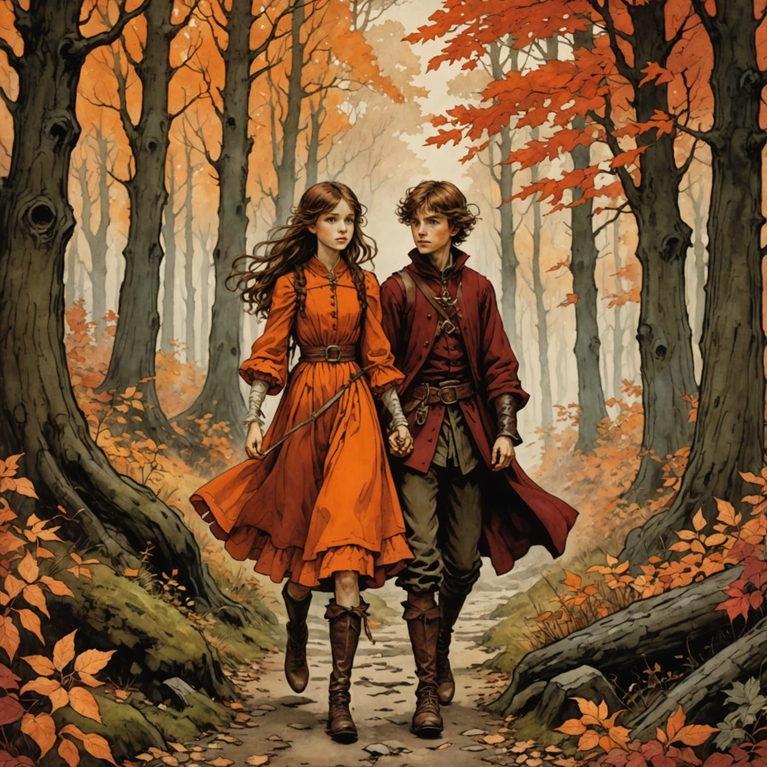 Medieval Brother Guides Sister Through Enchanted Brown Fores...