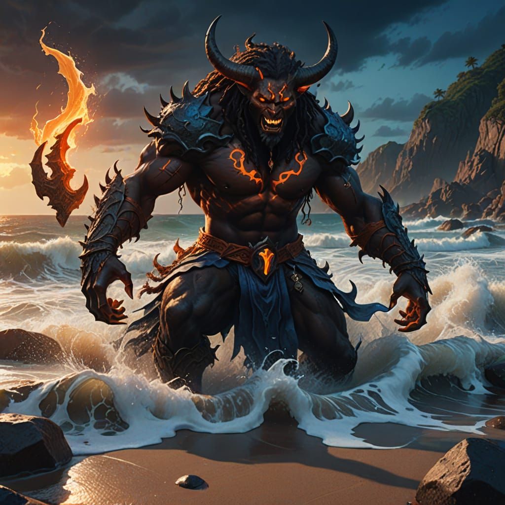 Dark Demon Dominates a Vibrant Beach Landscape