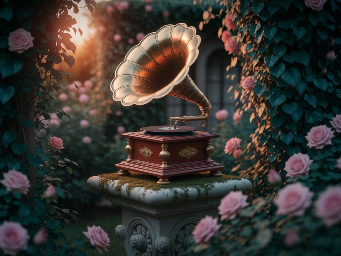 Antique Gramophone in Setting Sun Garden