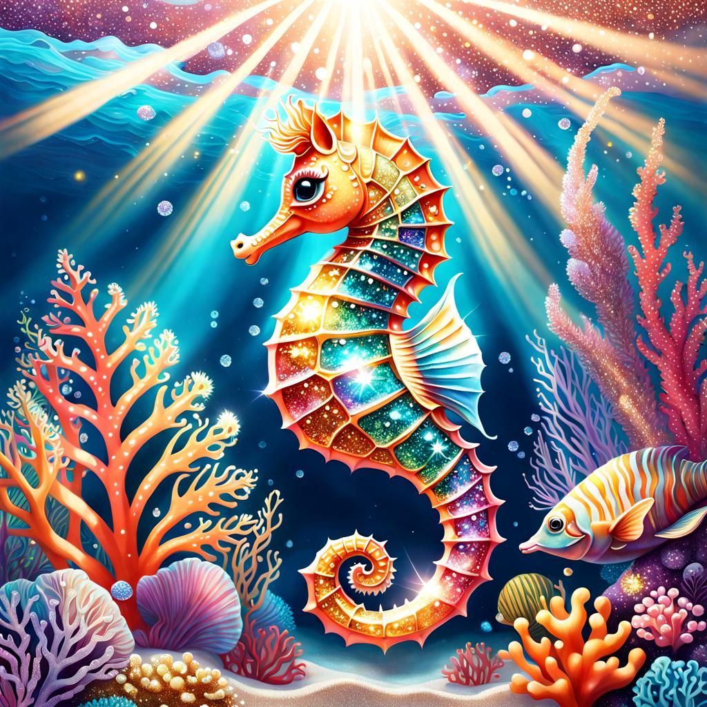 Glittering Photorealistic Seahorse in Coral Reef