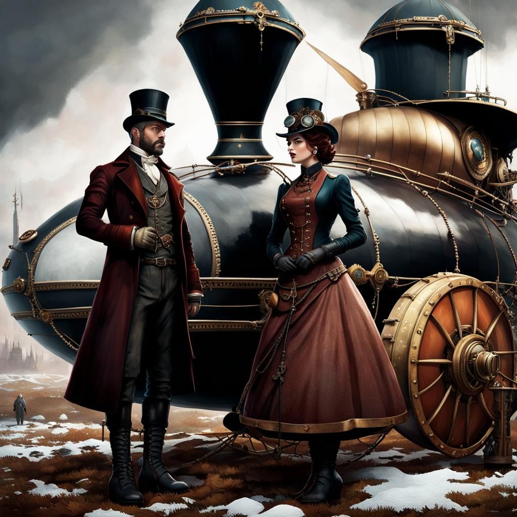Steampunk Couple's Winter Airship Adventure